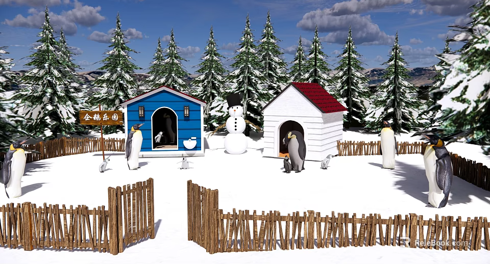 Snowy Zoo Scene With Penguin Huts Snowman Pine Trees And Fences 3d model 