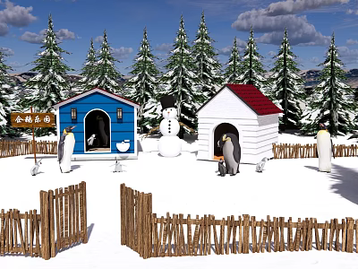 Snowy Zoo Scene With Penguin Huts Snowman Pine Trees And Fences 3d model