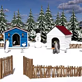 Snowy Zoo Scene With Penguin Huts Snowman Pine Trees And Fences