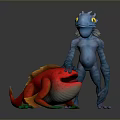 Blue Humanoid Creature Standing Next To Red Fish With Orange Fins And Green Feet