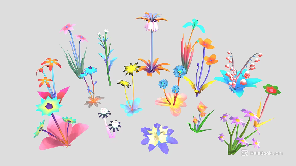 Colorful Different Types Of Garden Plants With Vibrant Flowers Green Leaves And Stems 3d model 