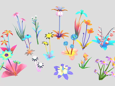 Colorful Different Types Of Garden Plants With Vibrant Flowers Green Leaves And Stems 3d model