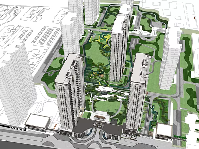 Residential Community with High Rise Buildings Central Green Park and Landscape Design 3d model