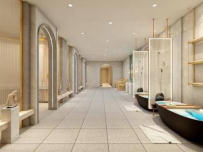 SPA Sauna Interior Design With Marble Walls Arches Bathtubs And Corridor Lighting 3d model