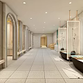 SPA Sauna Interior Design With Marble Walls Arches Bathtubs And Corridor Lighting