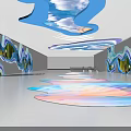 Modern Elevator Hallway With Blue Wavy Decor Mirrored Walls Colorful Floor And Cloud Ceiling 3d model