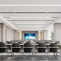 Modern Conference Room Interior With Large Screen Wooden Walls Ceiling Lights And Chairs
