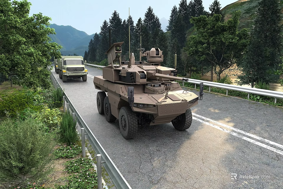 Military Wheeled Tank Driving On Road With Yellow Truck Surrounded By Trees And Mountains 3d model 
