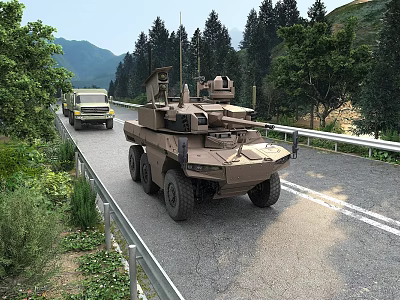 Military Wheeled Tank Driving On Road With Yellow Truck Surrounded By Trees And Mountains 3d model