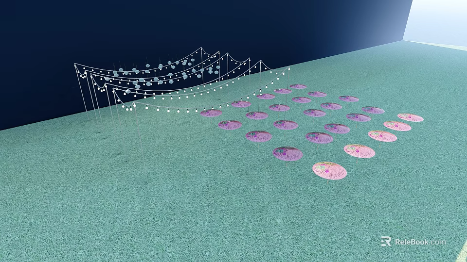 White String Decorative Lights With Purple Circular Objects Arranged On Green Outdoor Ground 3d model