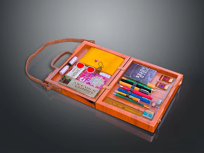 Wooden Portable Art Supplies Kit With Colored Pencils Paint Brushes And Notebook 3d model