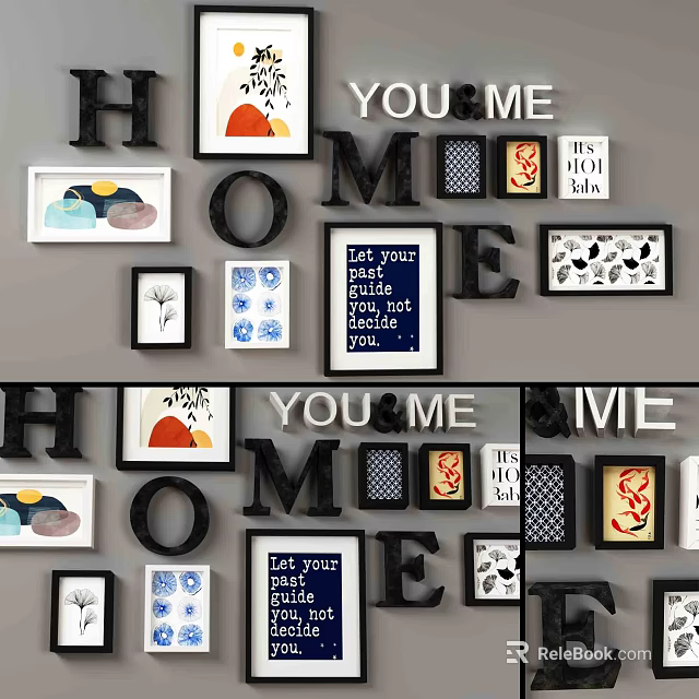 Creative Wall Decor With Letter Art Frames And Various Patterned Prints 3d model