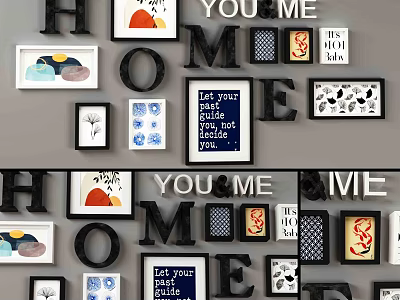 Creative Wall Decor With Letter Art Frames And Various Patterned Prints 3d model