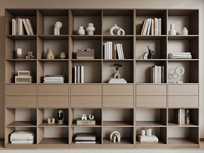 Modern Wooden Bookshelf Interior Design With Books Decorative Sculptures And Drawers 3d model