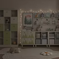 Cozy Kids Room Interior With Green Storage Cabinets Bookshelf Stuffed Toy And Rug