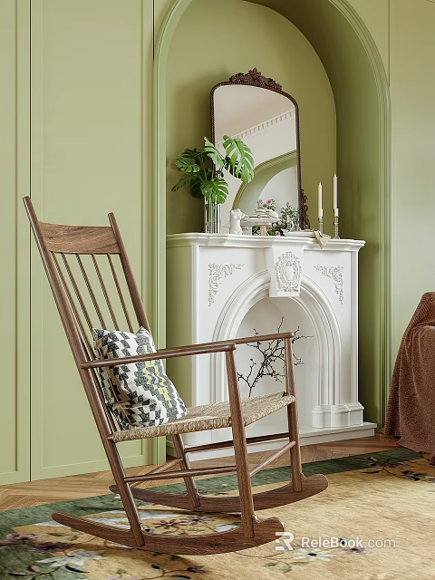 Wooden Accent Chair With Patterned Pillow By Light Green Wall White Fireplace And Green Plant 3d model 