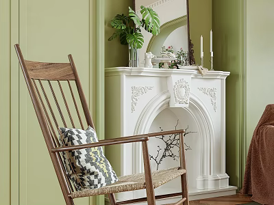 Wooden Accent Chair With Patterned Pillow By Light Green Wall White Fireplace And Green Plant 3d model