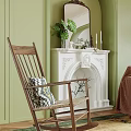 Wooden Accent Chair With Patterned Pillow By Light Green Wall White Fireplace And Green Plant