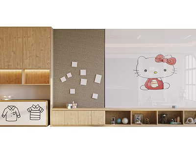 Decorative Background Wall with Sticky Notes Wooden Cabinets and Hello Kitty Design 3d model