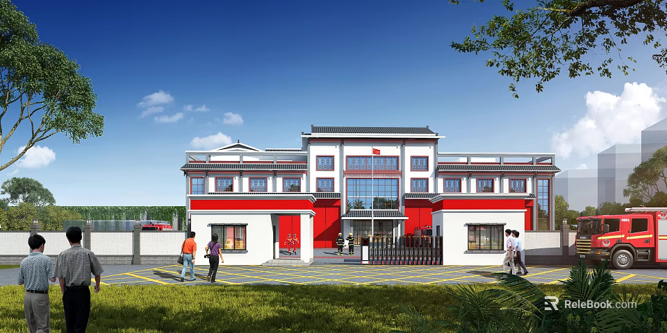 Traditional Chinese Style Entrance Gate With Red And White Building And Green Lawn 3d model 