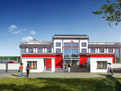 Traditional Chinese Style Entrance Gate With Red And White Building And Green Lawn 3d model