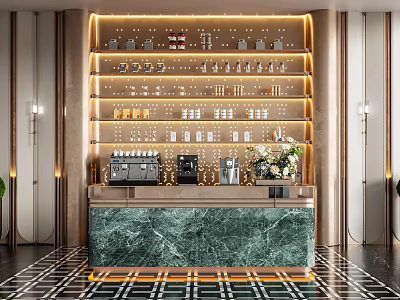 Luxury Modern Bar Counter Interior With Green Marble Top And Shelves Lighting 3d model
