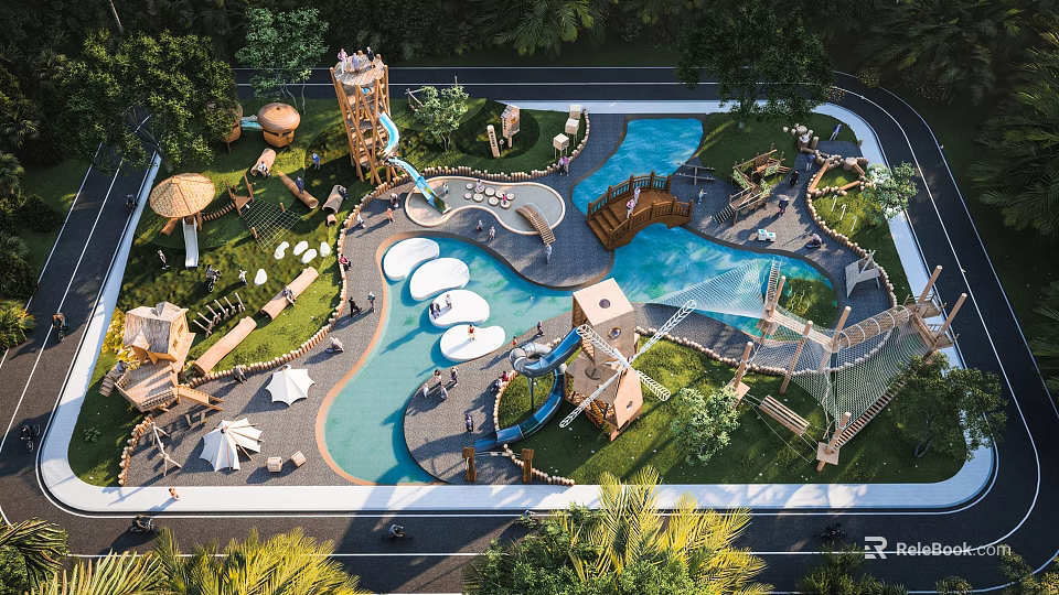 Scenic Park Landscape With Water Slides Pools Playground Structures Lush Trees And Walking Paths 3d model 