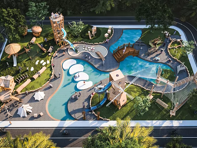 Scenic Park Landscape With Water Slides Pools Playground Structures Lush Trees And Walking Paths 3d model