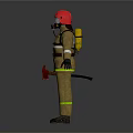 Firefighter in Protective Gear With Red Helmet and Axe Standing on Dark Background