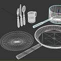 Essential Kitchen Utensils Including Floral Plate Frying Pan And Cutlery Set