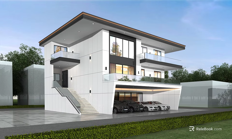 Modern Single Family Villa Exterior Design With Large Windows Glass Railing Balcony And Garage 3d model 