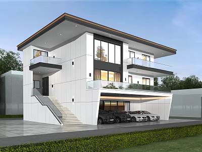 Modern Single Family Villa Exterior Design With Large Windows Glass Railing Balcony And Garage 3d model