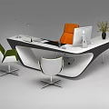 Modern Office Desk With White Surface Three Chairs Computer Monitor Potted Plant And Lamp