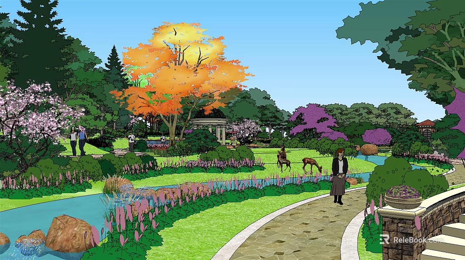 Pergola in Lush Garden with Colorful Trees Stone Pathway and Flowers 3d model 