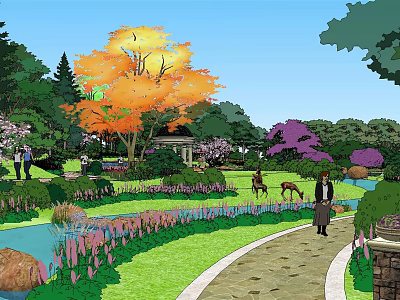 Pergola in Lush Garden with Colorful Trees Stone Pathway and Flowers 3d model