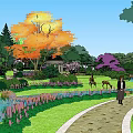 Pergola in Lush Garden with Colorful Trees Stone Pathway and Flowers