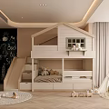 Cozy Modern Kids Room With Bunk Bed Slide And Stuffed Toys