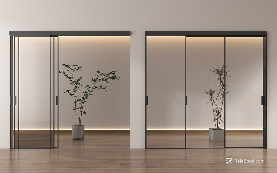 Glass Sliding Doors with Black Frames Indoor Plants White Walls Wooden Floor Ambient Lighting 3d model 
