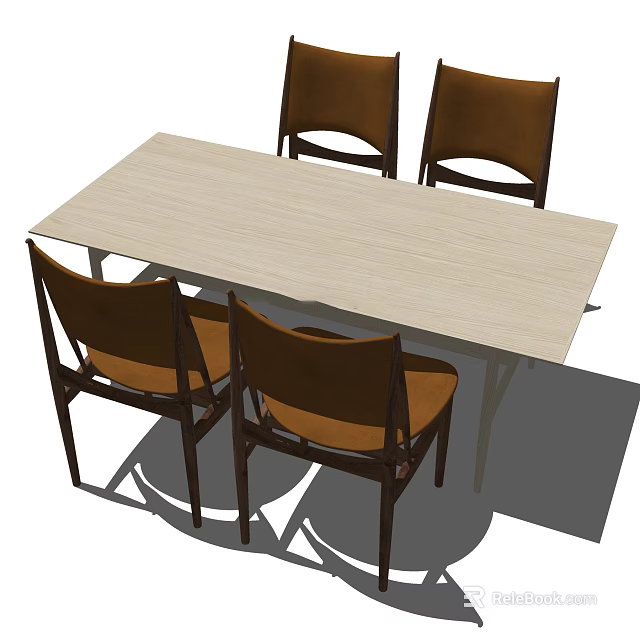 Modern Dining Table Set With Light Wooden Tabletop And Four Brown Chairs 3d model