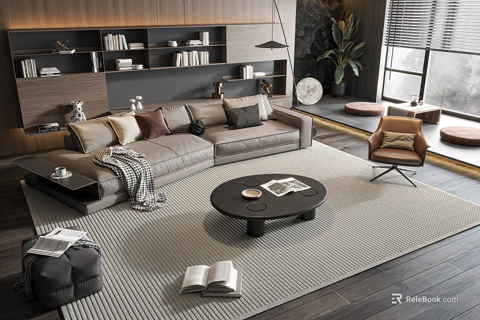 Gray Sofa with Pillows Throw Blanket and Black Round Coffee Table Set on Beige Rug 3d model 