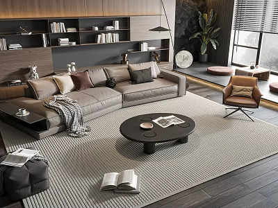 Gray Sofa with Pillows Throw Blanket and Black Round Coffee Table Set on Beige Rug 3d model