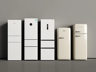 Five Various Styles Refrigerators And Freezers In White Cream Colors 3d model