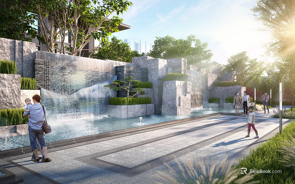Outdoor Water Fountain with Stone Wall Green Plants and People Walking in Sunlit Public Space 3d model 
