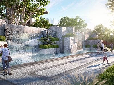 Modern landscape sketch residential landscape waterfall water 3d model