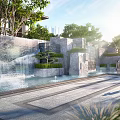 Outdoor Water Fountain with Stone Wall Green Plants and People Walking in Sunlit Public Space