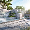 Modern landscape sketch residential landscape waterfall water 3d model