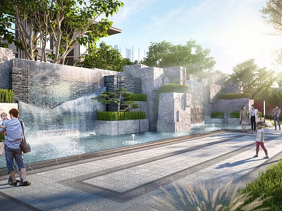 Outdoor Water Fountain with Stone Wall Green Plants and People Walking in Sunlit Public Space 3d model