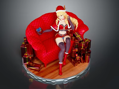 Anime Character in Santa Costume on Red Quilted Sofa With Blonde Hair And Gift Boxes 3d model