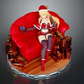 Anime Character in Santa Costume on Red Quilted Sofa With Blonde Hair And Gift Boxes