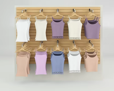 Clothing Display Rack With Hanging Multiple Colored Camisoles On Wooden Panel 3d model Clothing Display Rack With Hanging Multiple Colored Camisoles On Wooden Panel 3d model